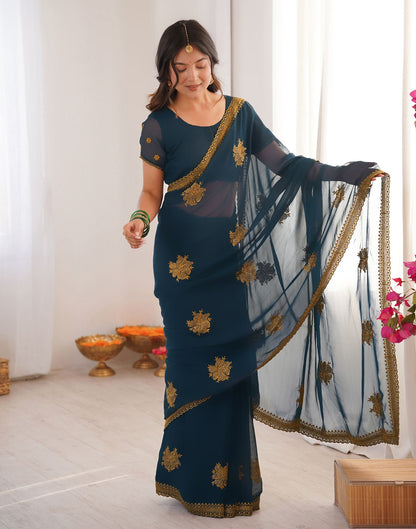 Rama Blue Georgette Embroidery Saree