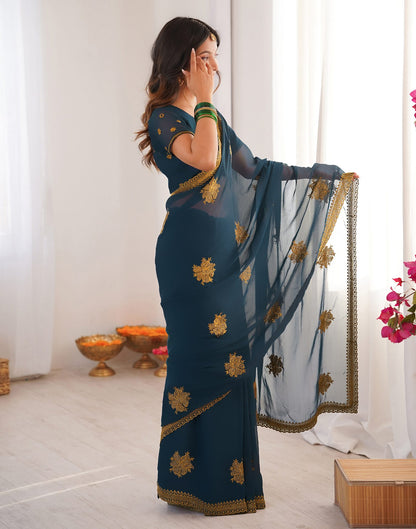 Rama Blue Georgette Embroidery Saree