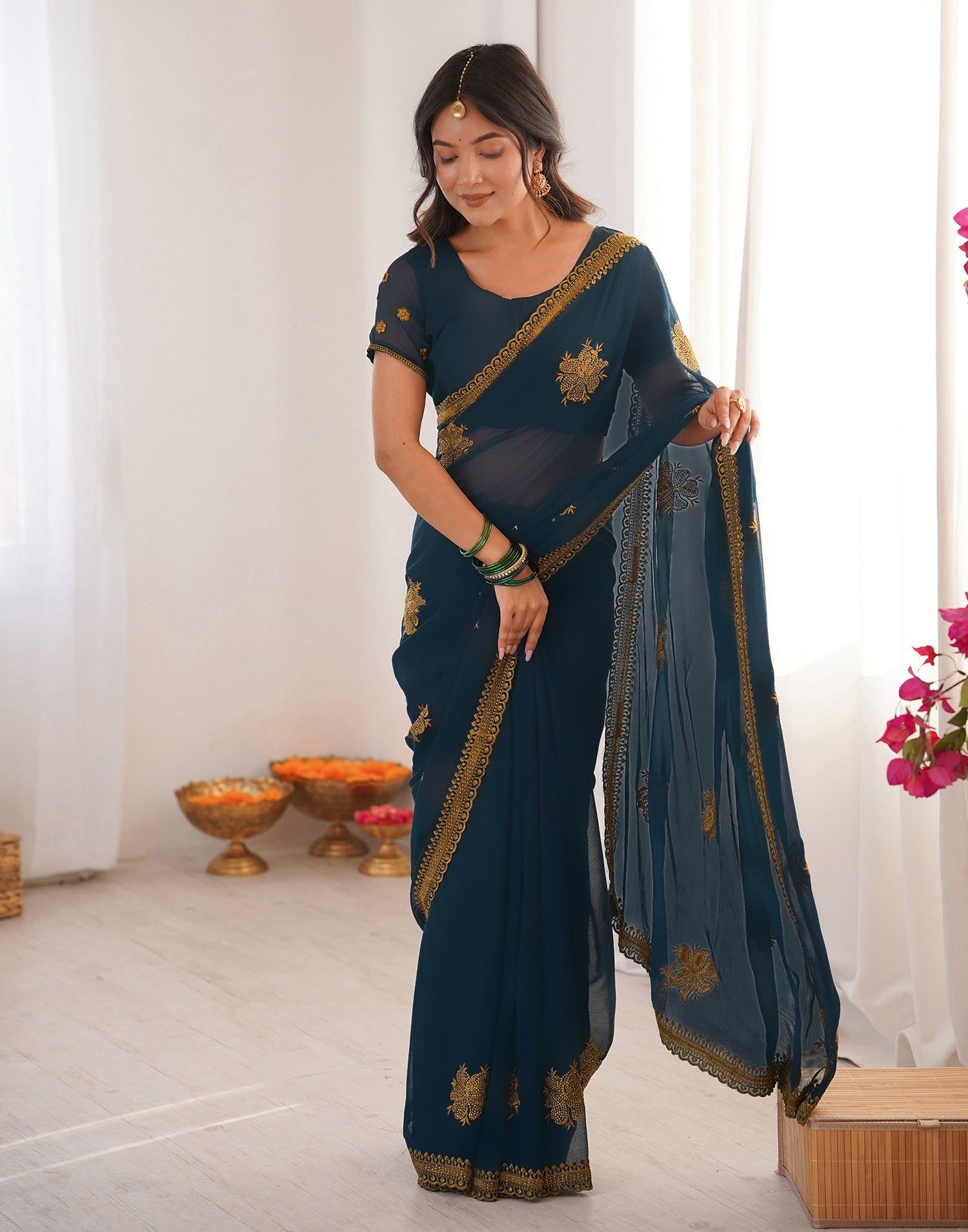 Rama Blue Georgette Embroidery Saree