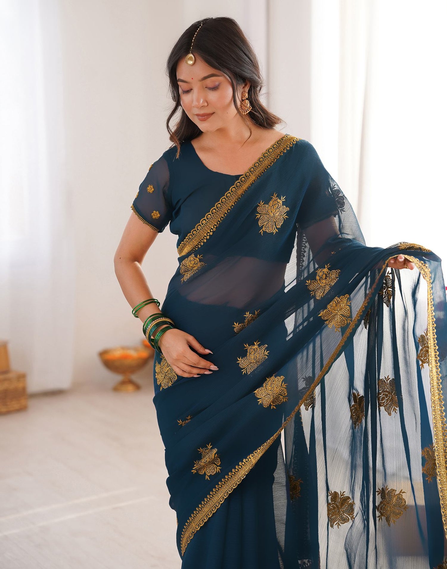 Rama Blue Georgette Embroidery Saree