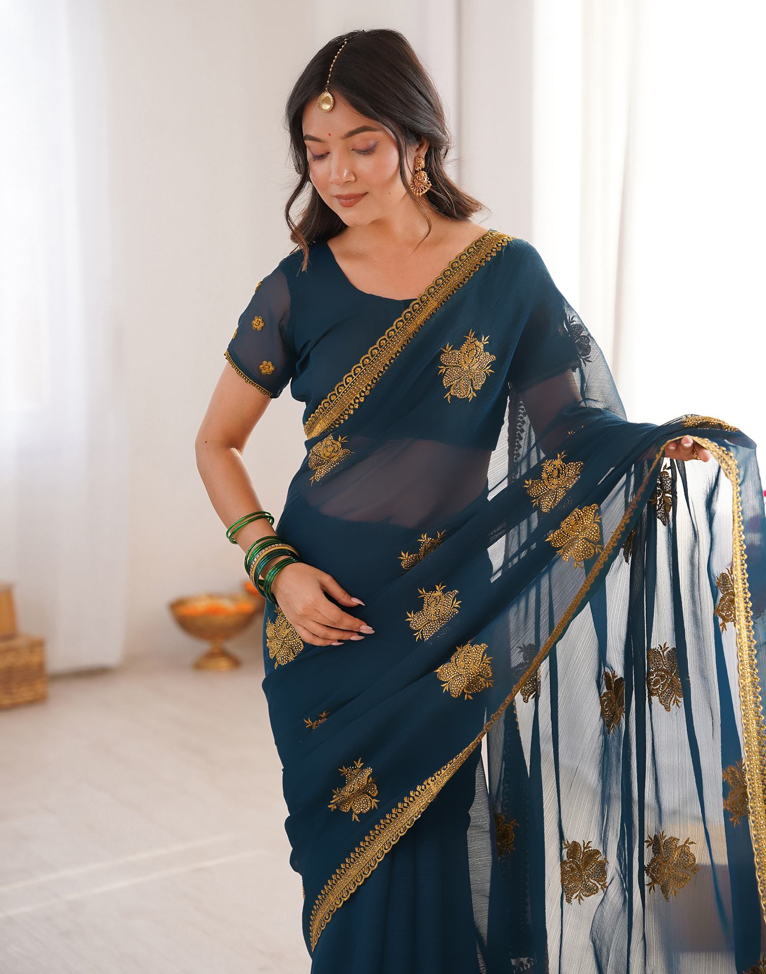 Rama Blue Georgette Embroidery Saree