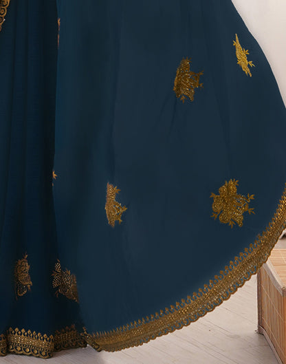 Rama Blue Georgette Embroidery Saree