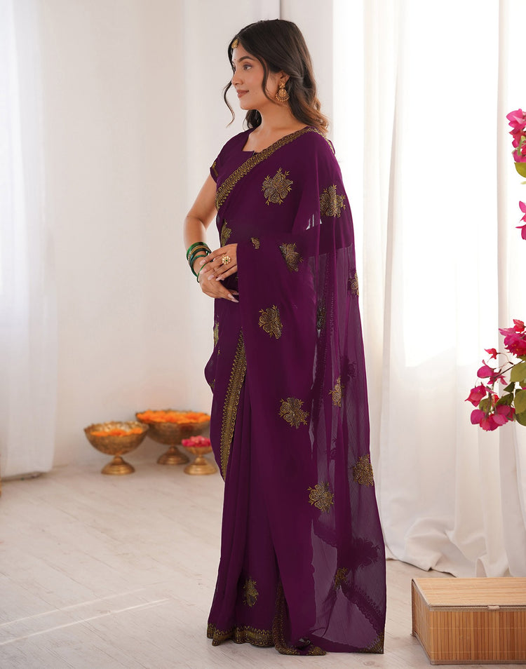Dark Magenta Georgette Embroidery Saree