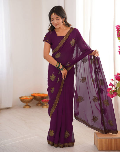 Dark Magenta Georgette Embroidery Saree