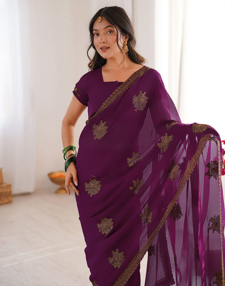 Dark Magenta Georgette Embroidery Saree