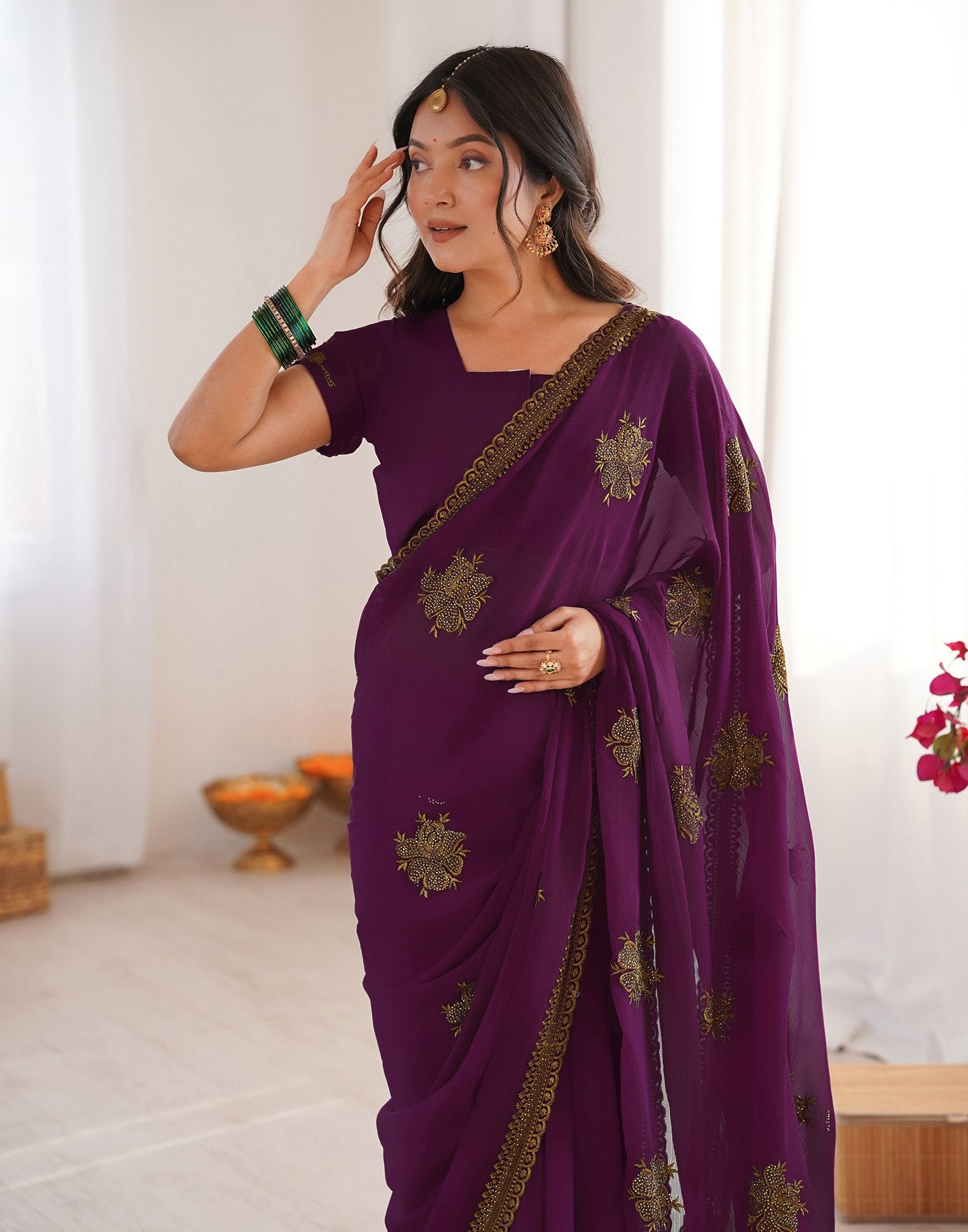 Dark Magenta Georgette Embroidery Saree