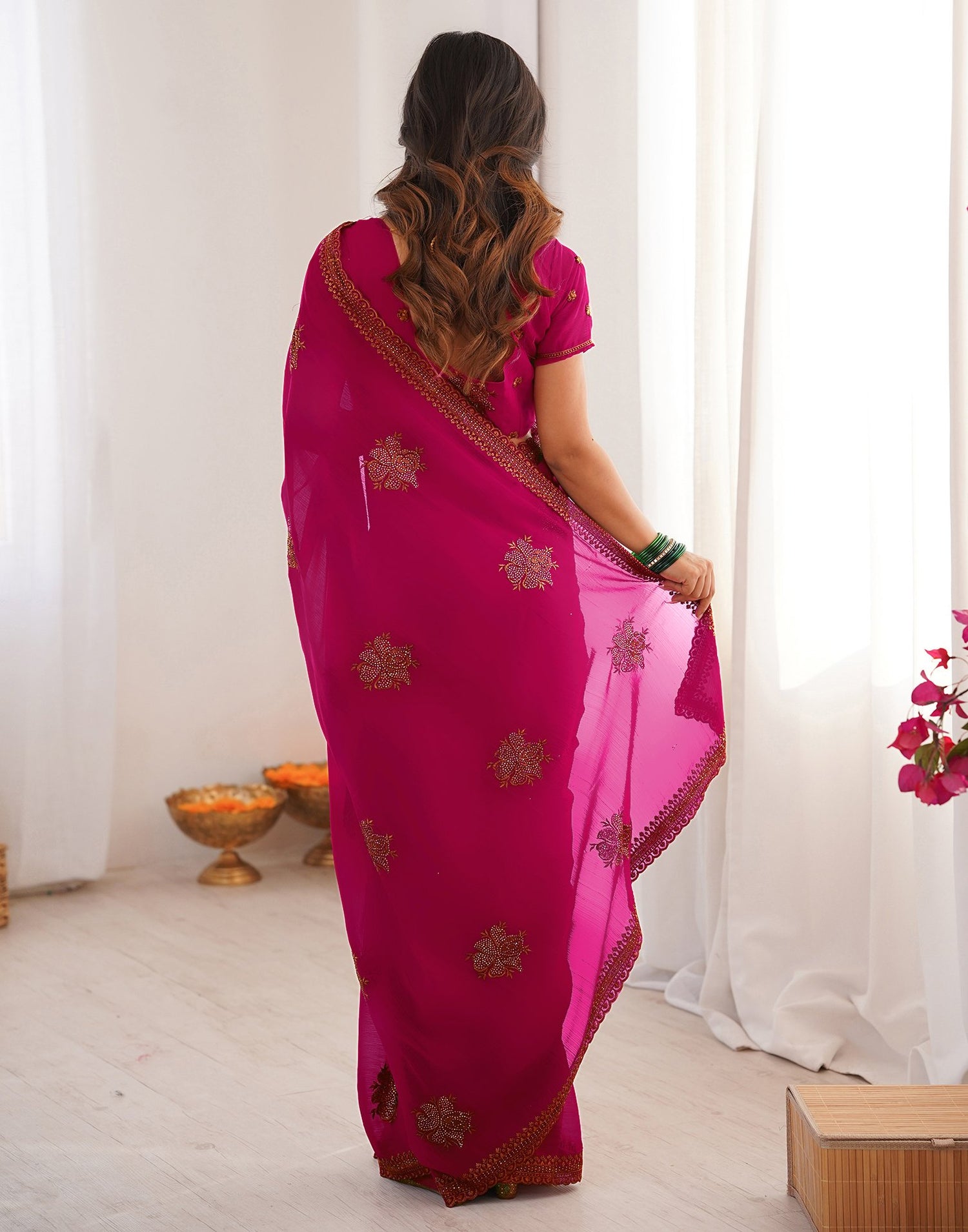 Dark Rani Pink Georgette Embroidery Saree