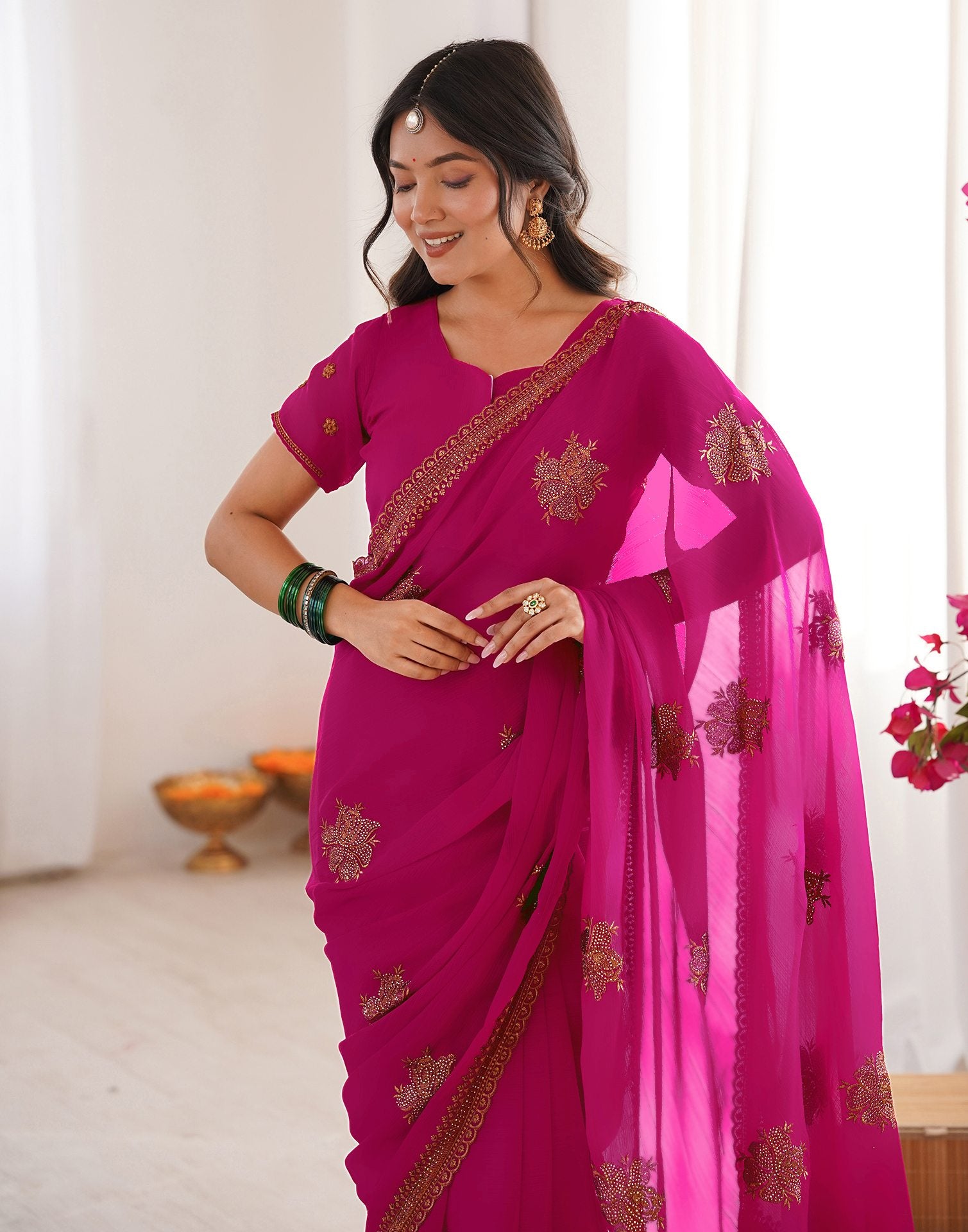 Dark Rani Pink Georgette Embroidery Saree