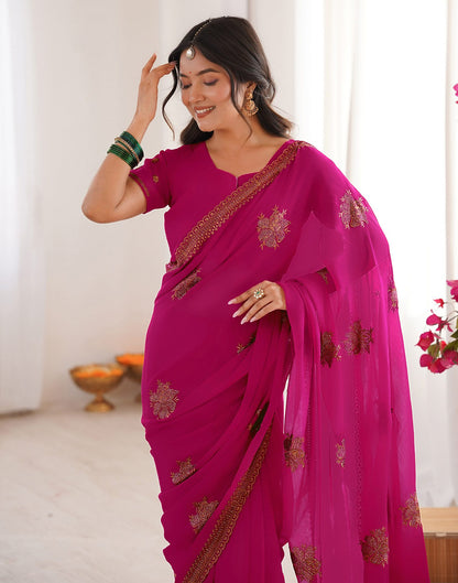 Dark Rani Pink Georgette Embroidery Saree
