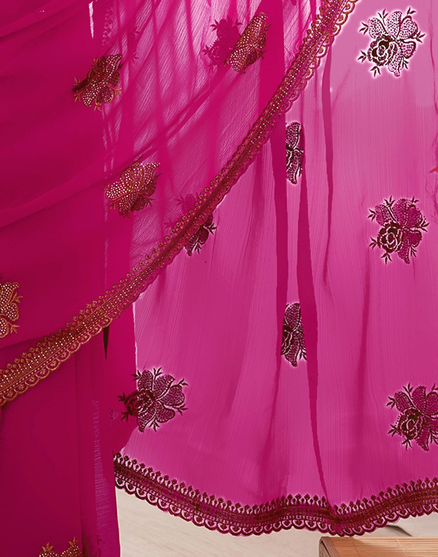 Dark Rani Pink Georgette Embroidery Saree