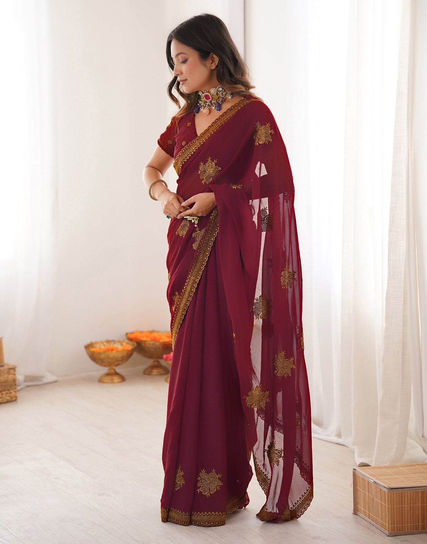 Maroon Georgette Embroidery Saree
