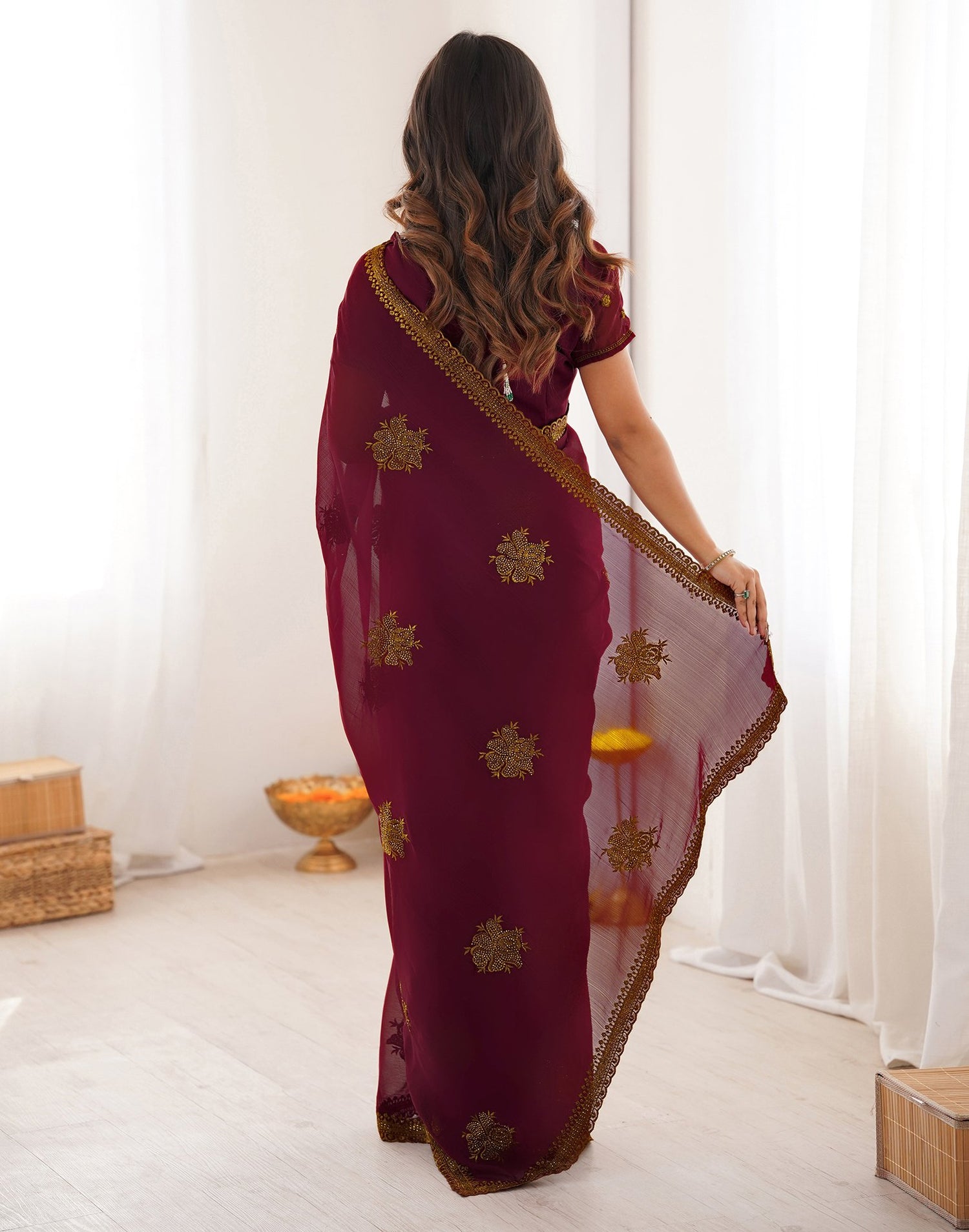 Maroon Georgette Embroidery Saree