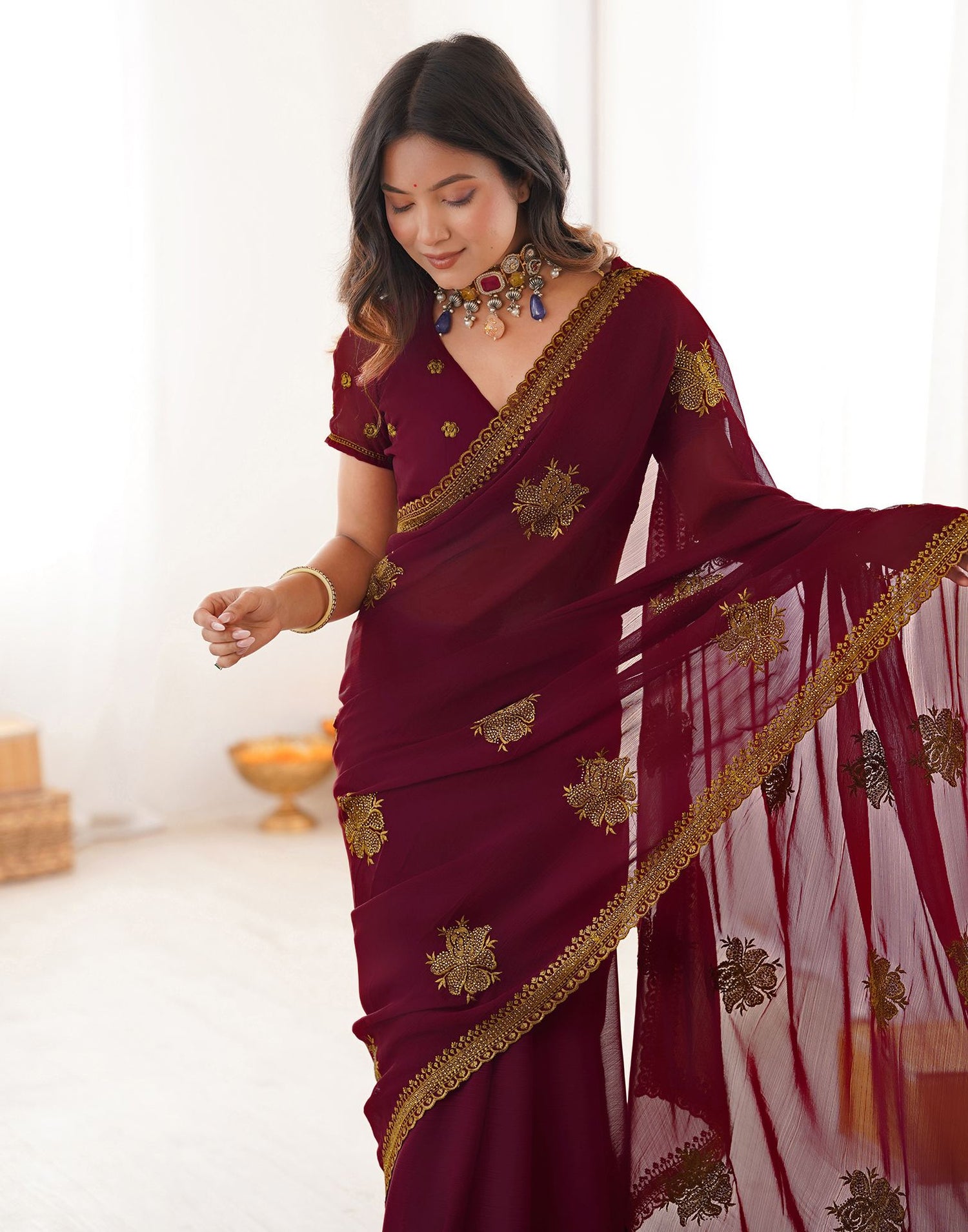 Maroon Georgette Embroidery Saree
