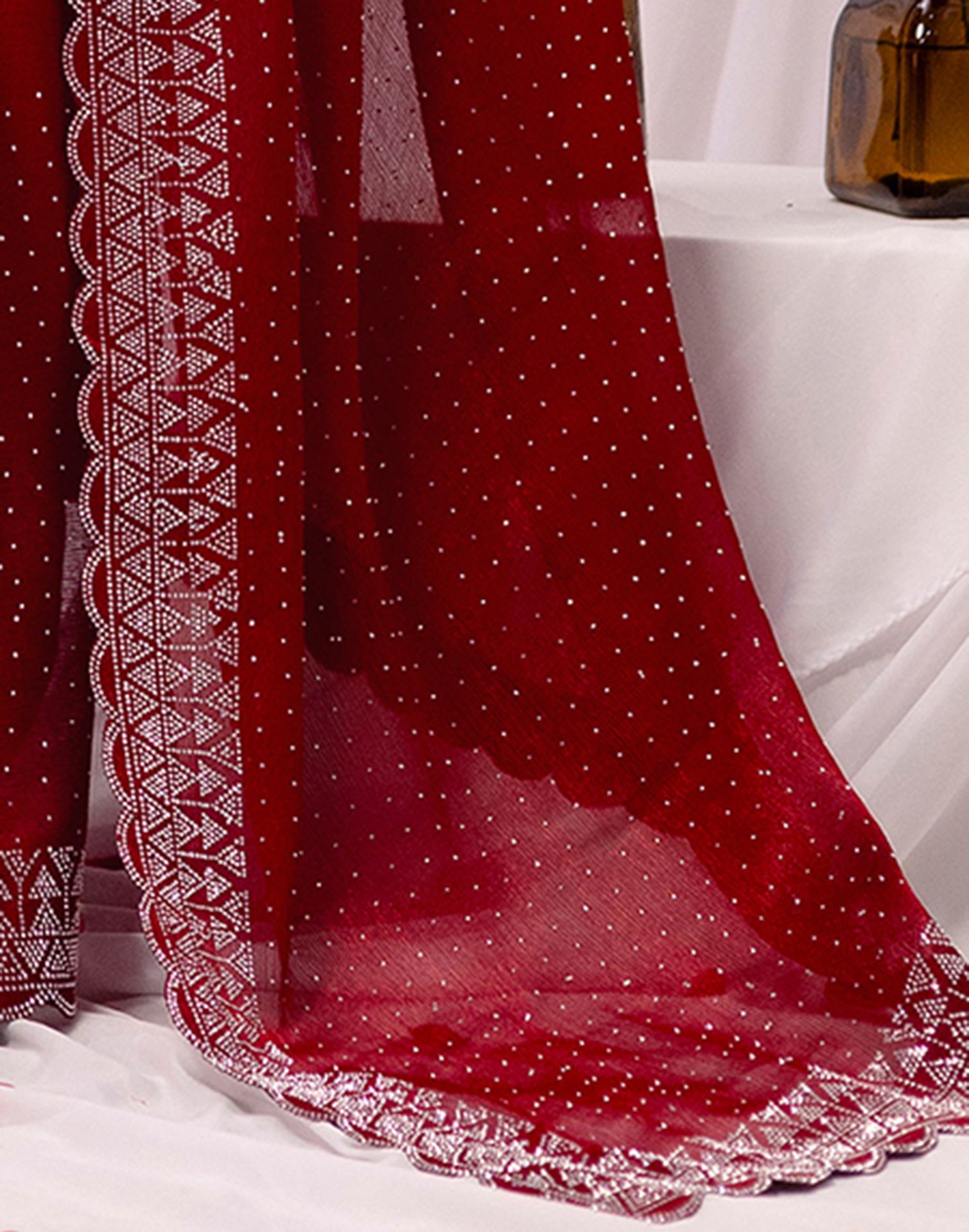 Maroon Chiffon Stone Work Swarovski Saree