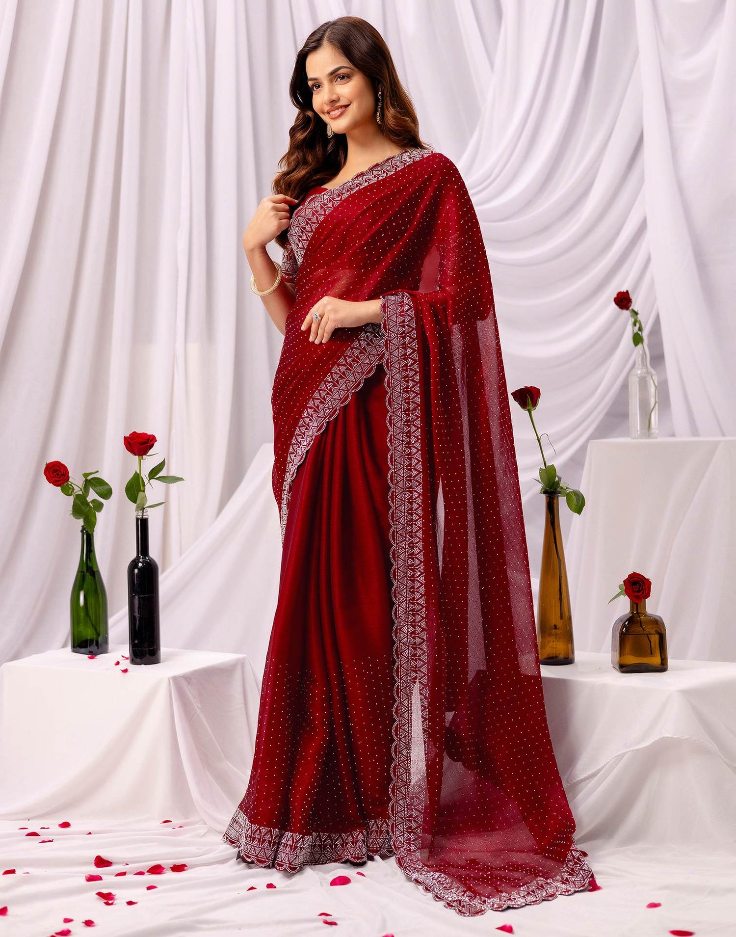Maroon Chiffon Stone Work Swarovski Saree