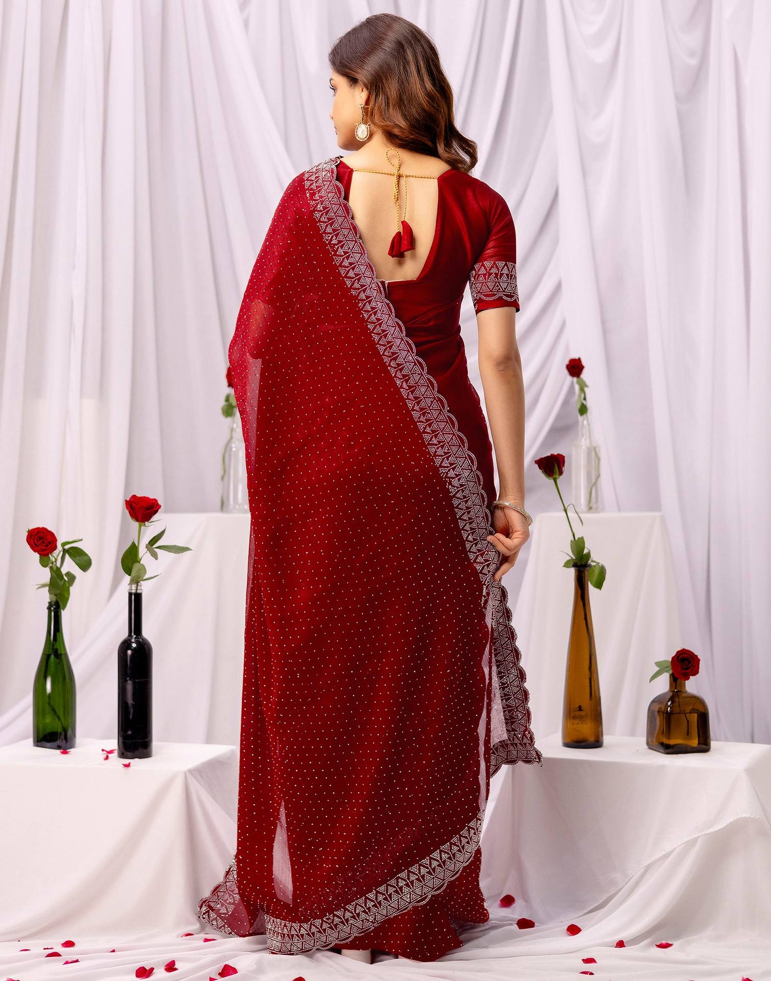 Maroon Chiffon Stone Work Swarovski Saree