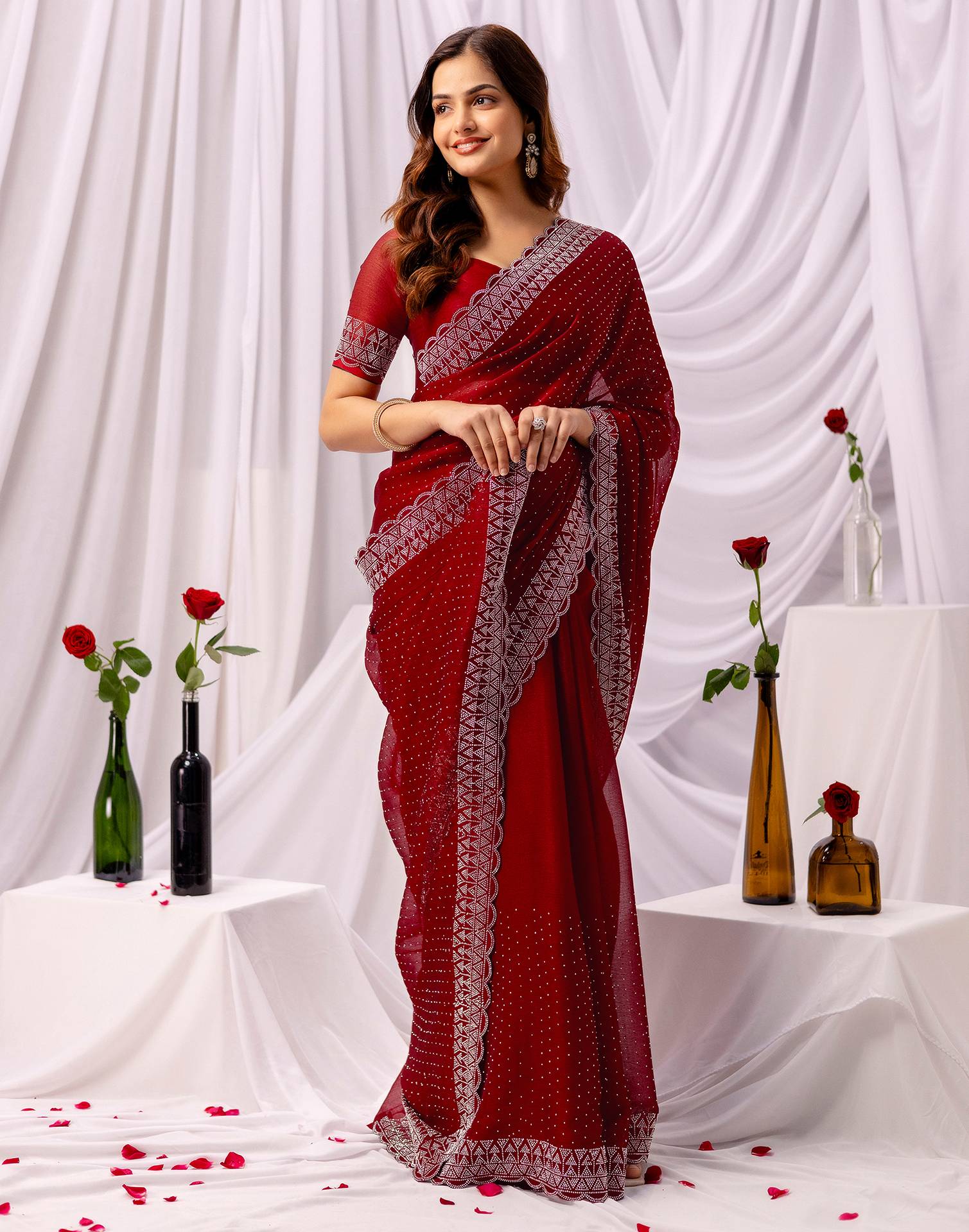 Maroon Chiffon Stone Work Swarovski Saree