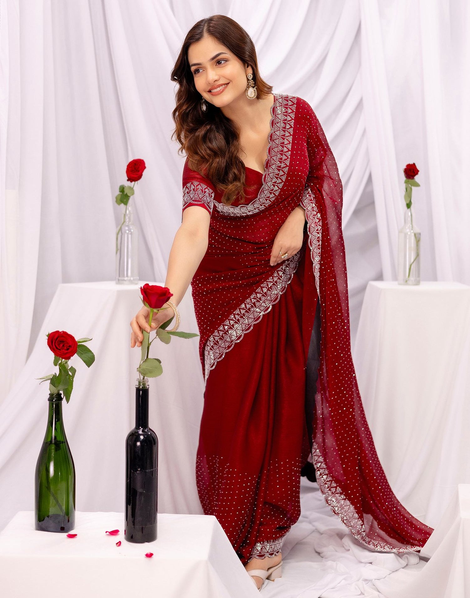 Maroon Chiffon Stone Work Swarovski Saree