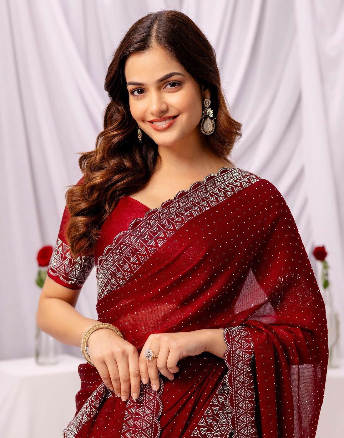 Maroon Chiffon Stone Work Swarovski Saree