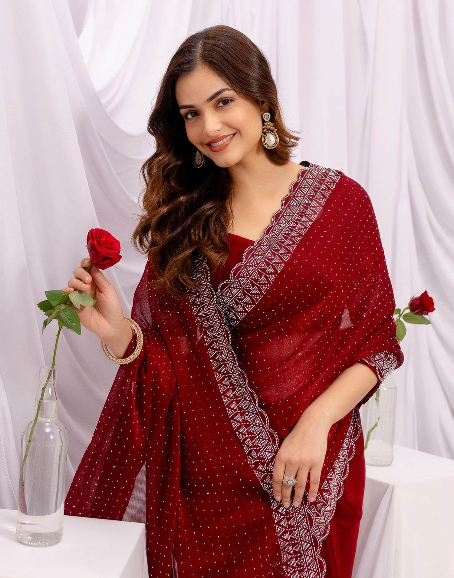 Maroon Chiffon Stone Work Swarovski Saree
