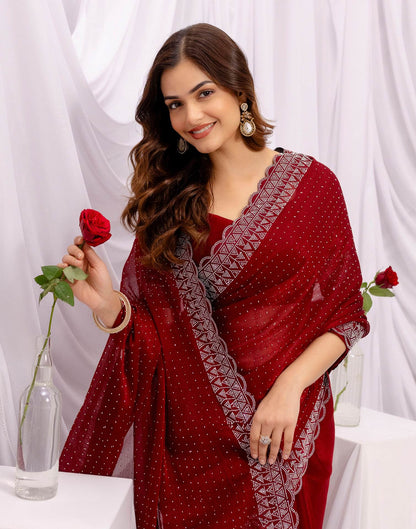 Maroon Chiffon Stone Work Swarovski Saree