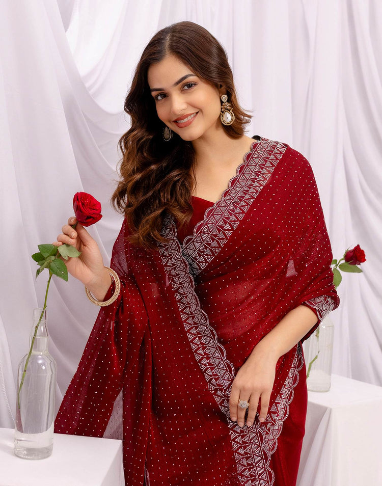 Maroon Chiffon Stone Work Swarovski Saree