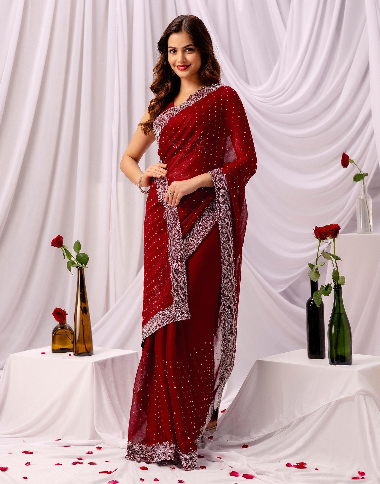 Maroon Chiffon Stone Work Swarovski Saree