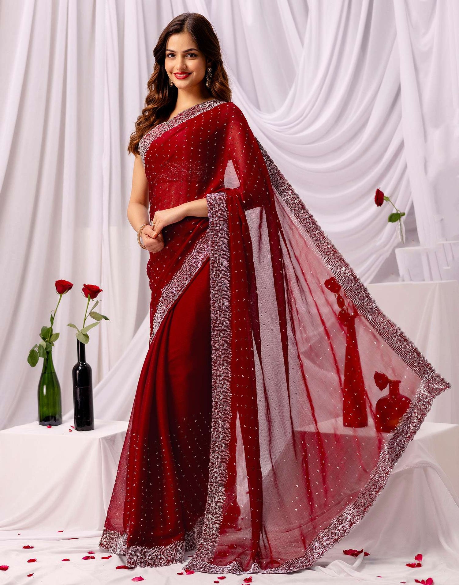 Maroon Chiffon Stone Work Swarovski Saree