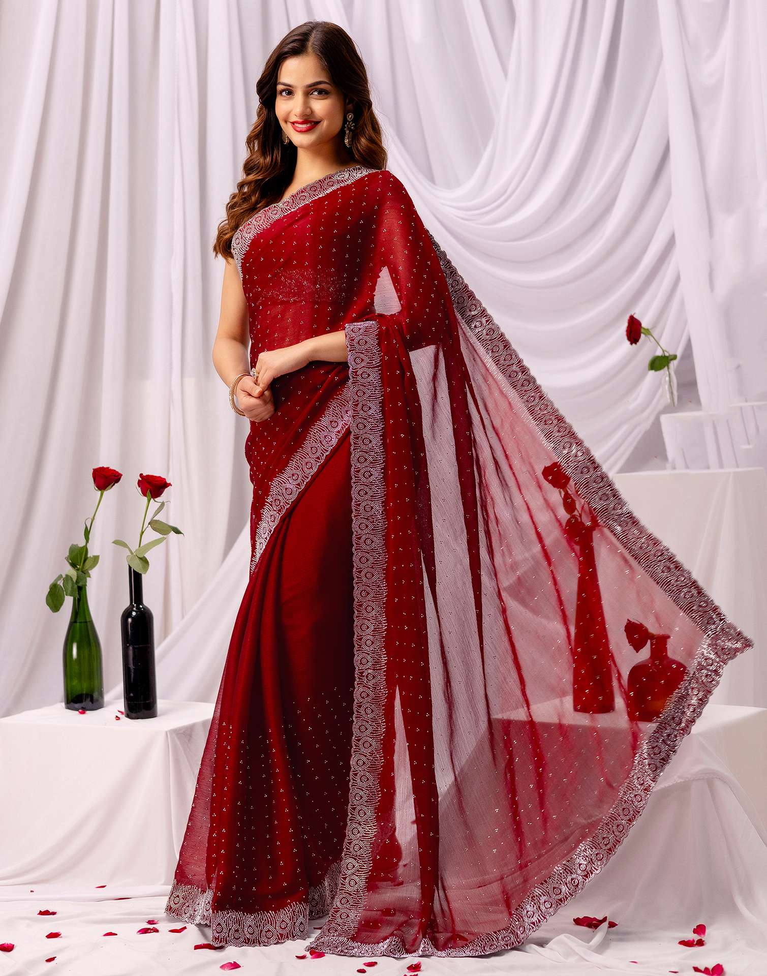 Maroon Chiffon Stone Work Swarovski Saree