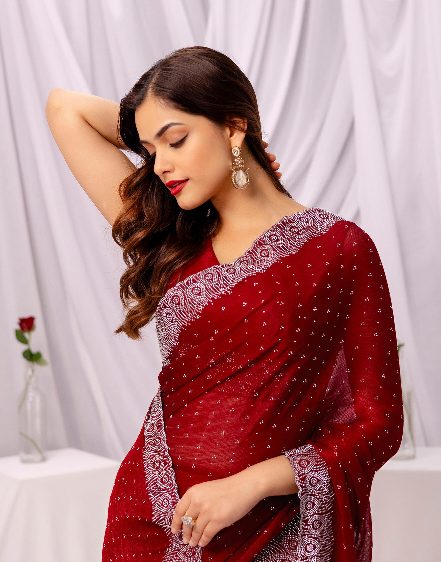 Maroon Chiffon Stone Work Swarovski Saree
