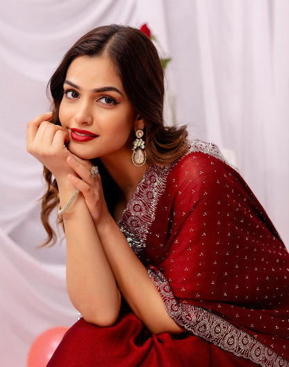 Maroon Chiffon Stone Work Swarovski Saree