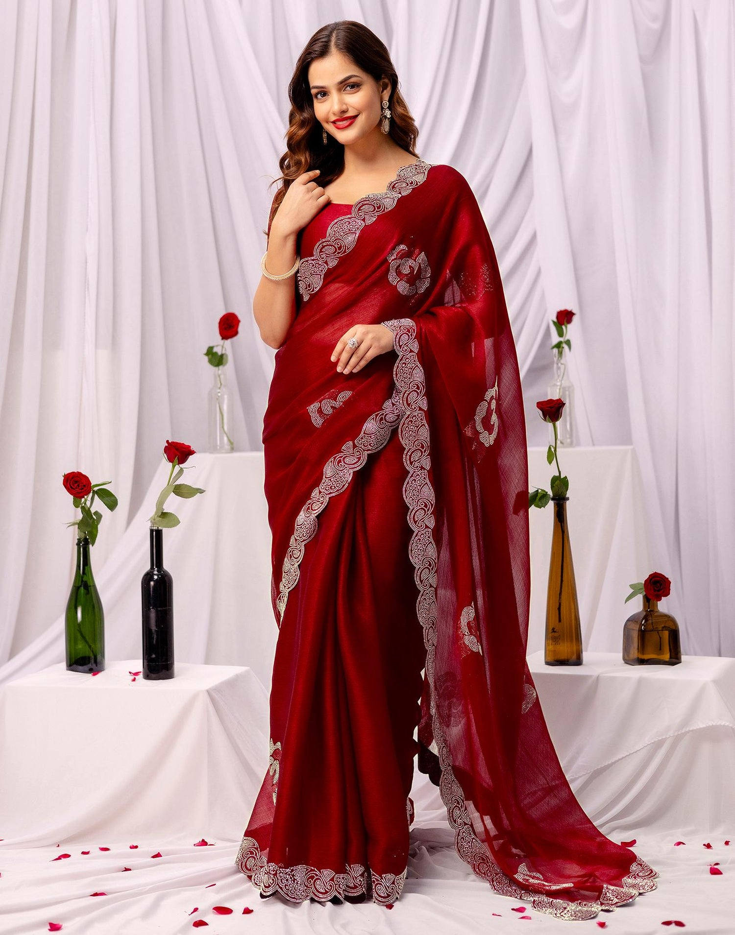 Maroon Chiffon Stone Work Swarovski Saree