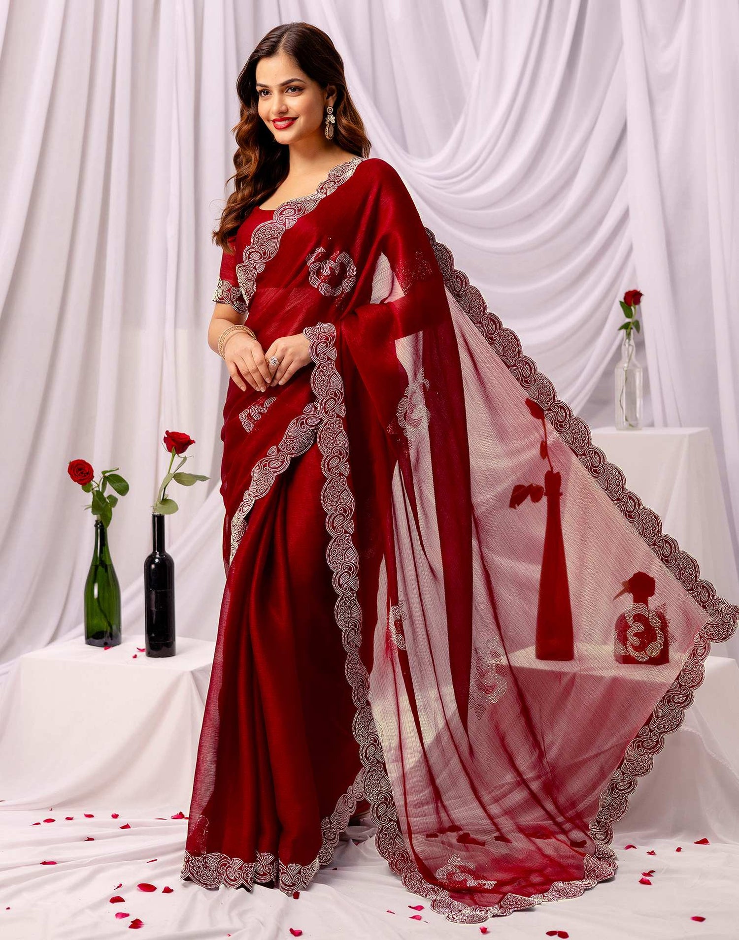 Maroon Chiffon Stone Work Swarovski Saree