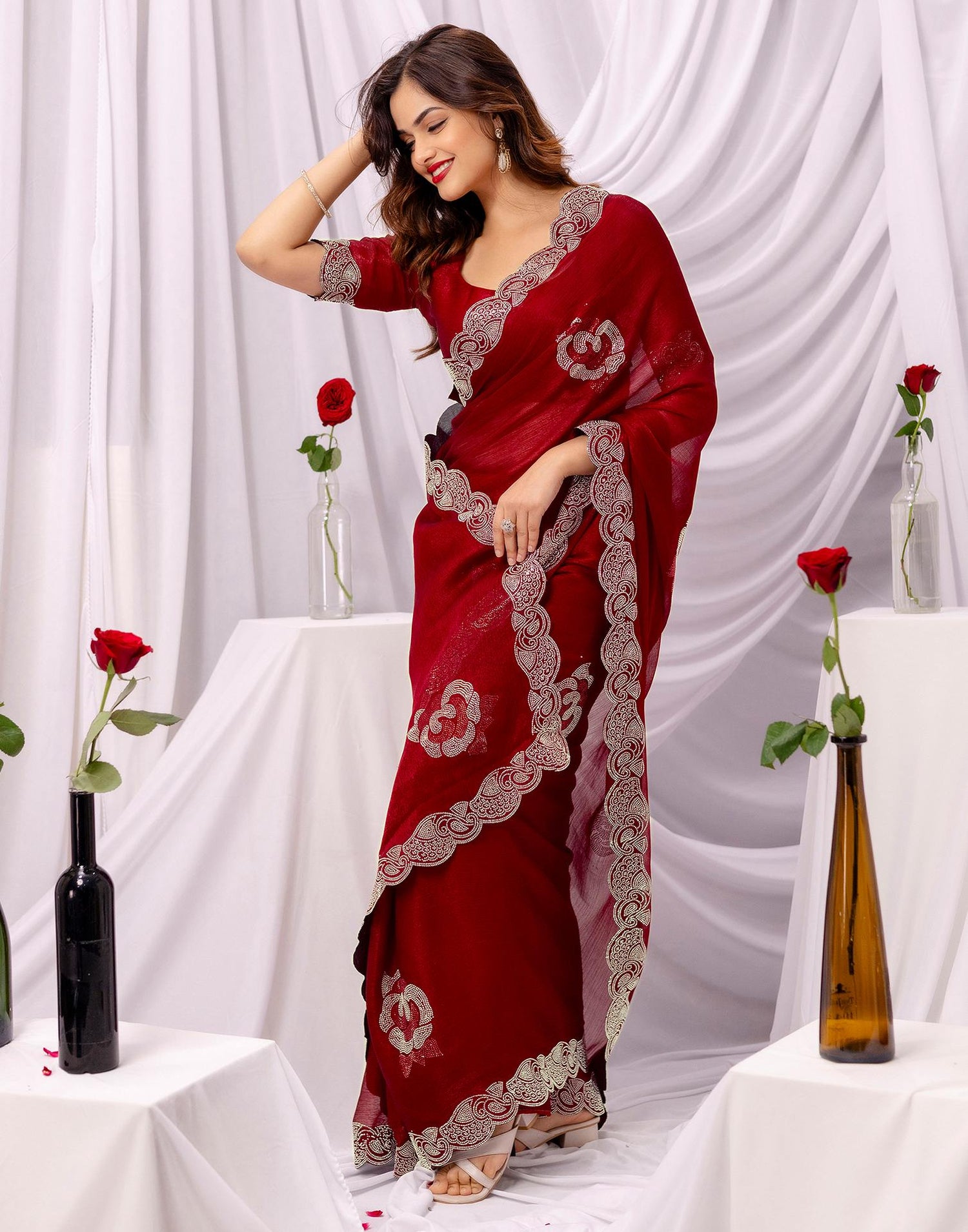 Maroon Chiffon Stone Work Swarovski Saree