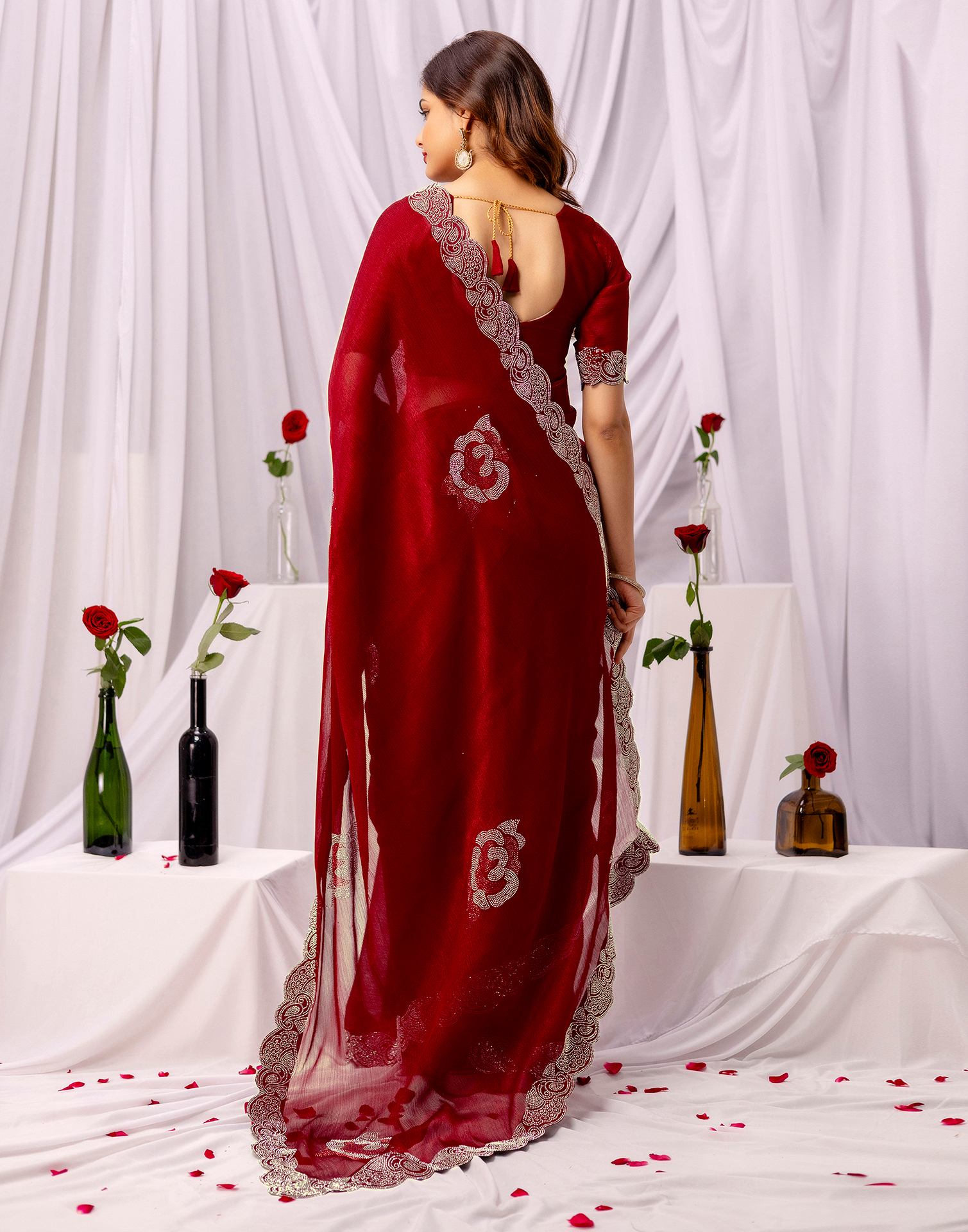 Maroon Chiffon Stone Work Swarovski Saree