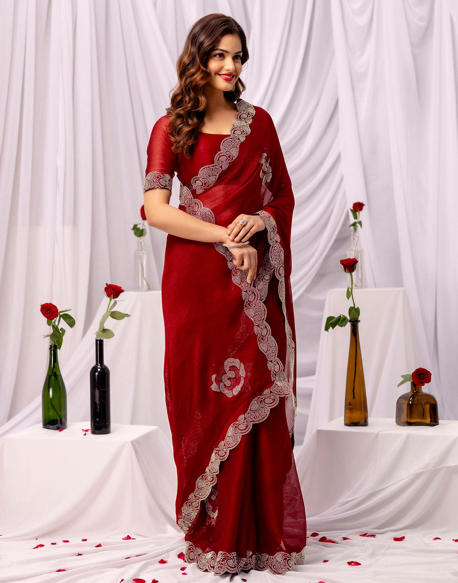 Maroon Chiffon Stone Work Swarovski Saree