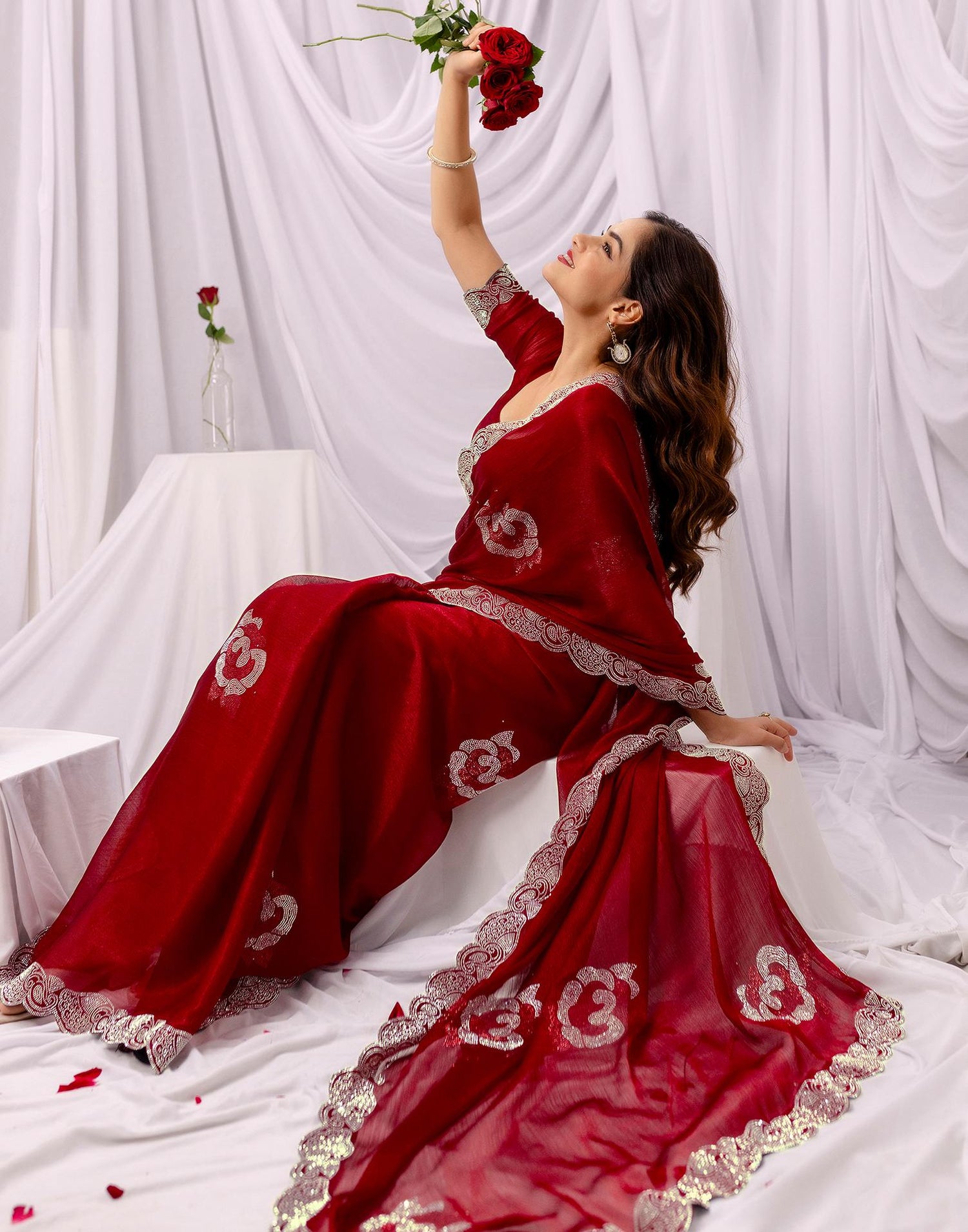 Maroon Chiffon Stone Work Swarovski Saree