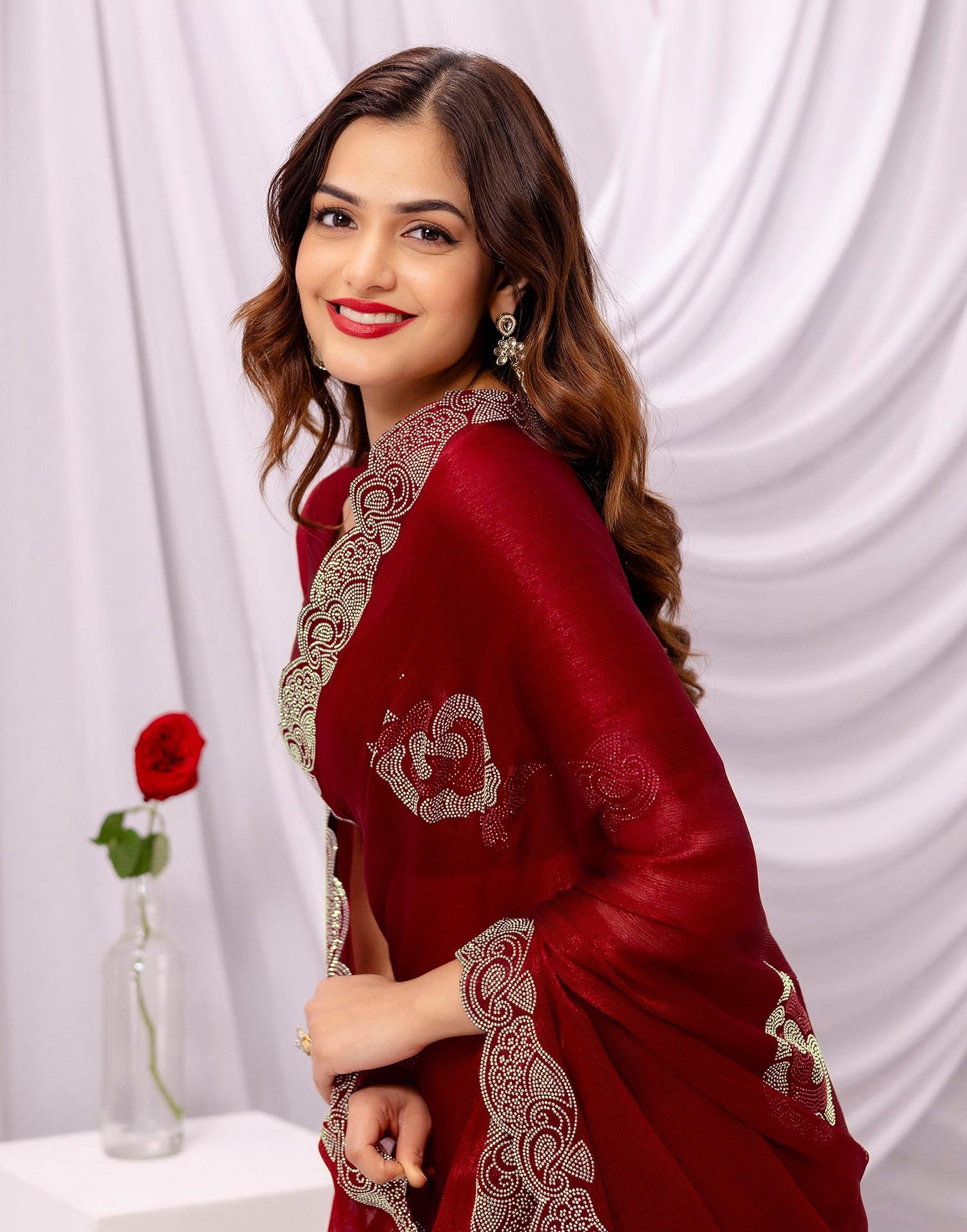 Maroon Chiffon Stone Work Swarovski Saree