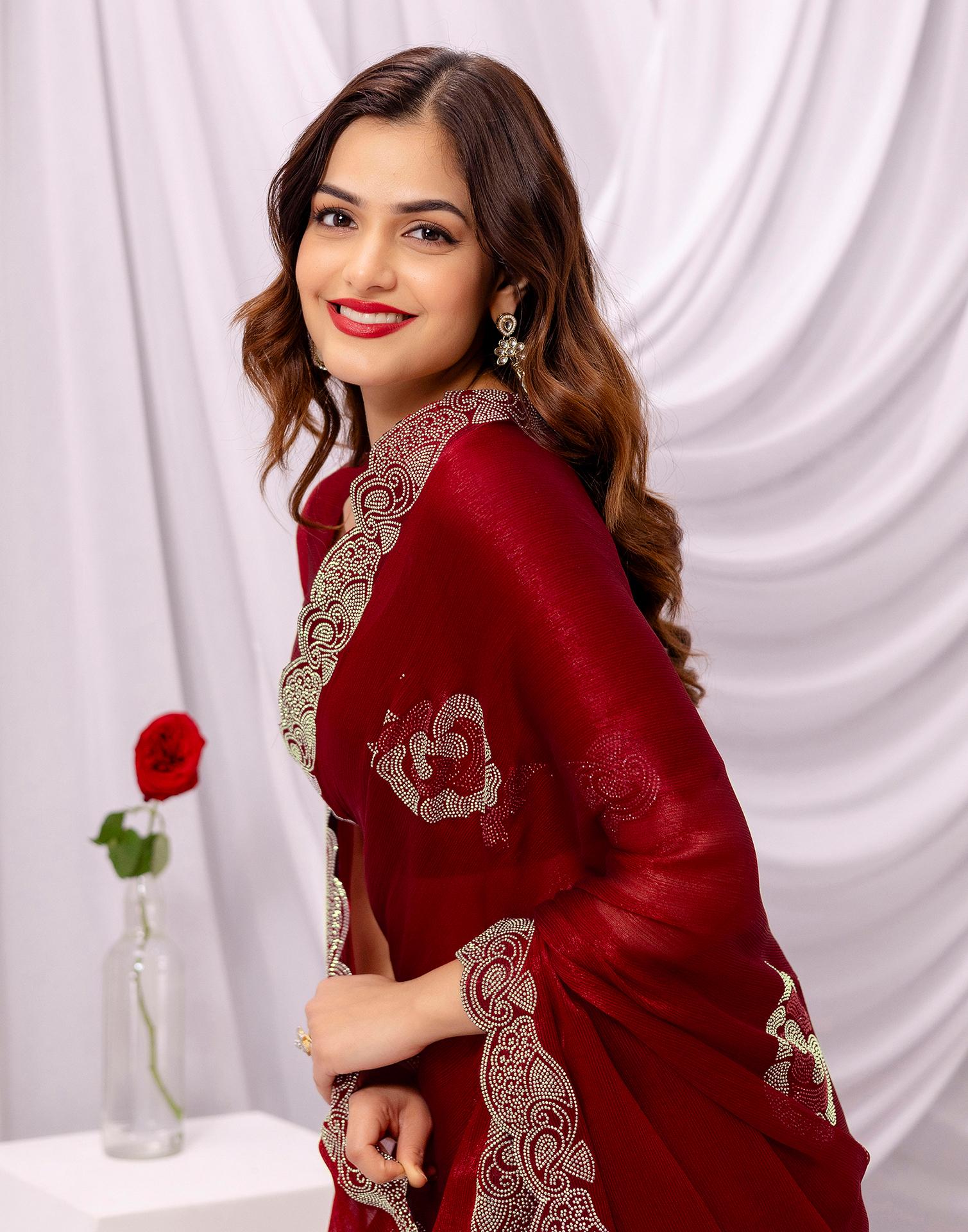 Maroon Chiffon Stone Work Swarovski Saree