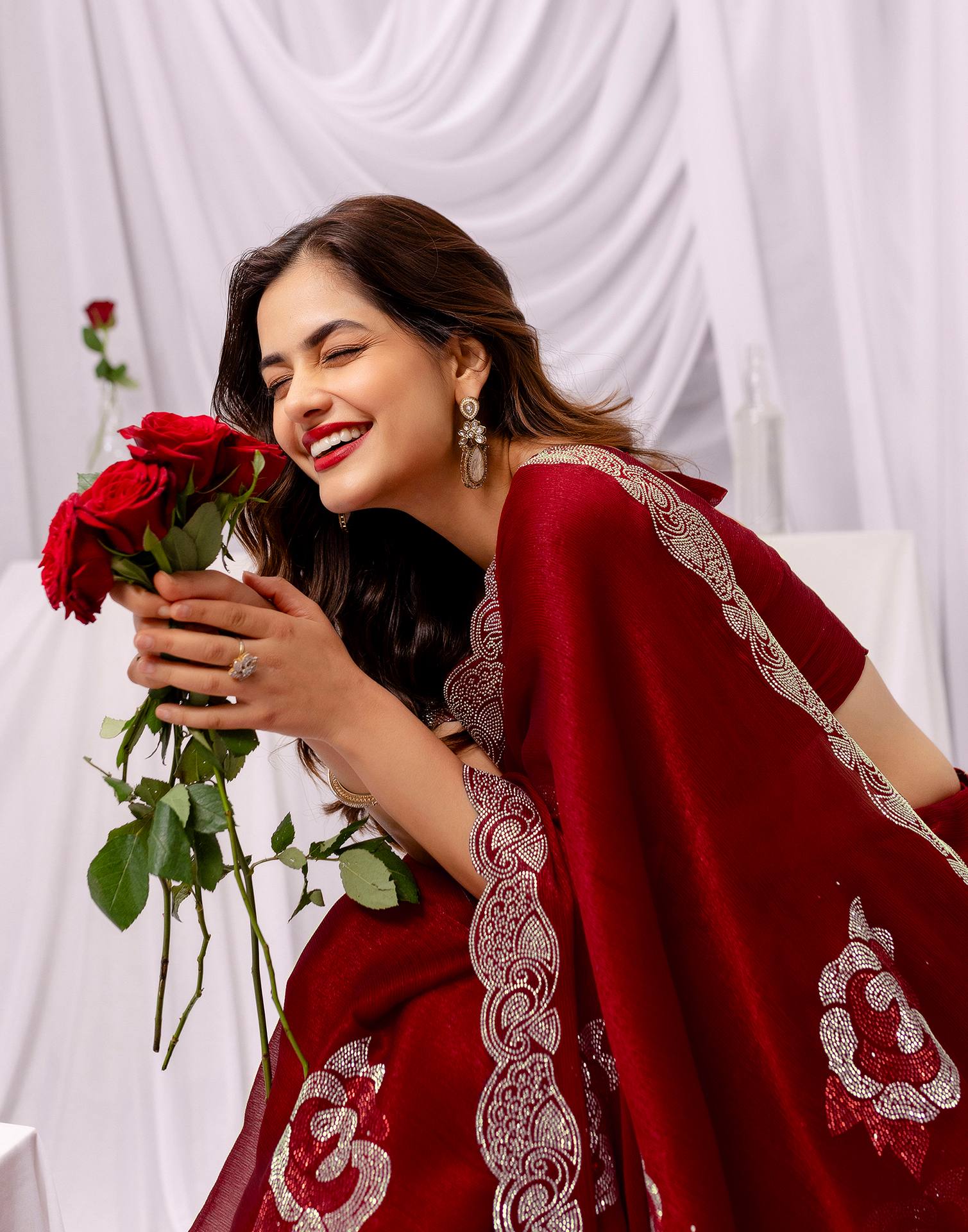 Maroon Chiffon Stone Work Swarovski Saree
