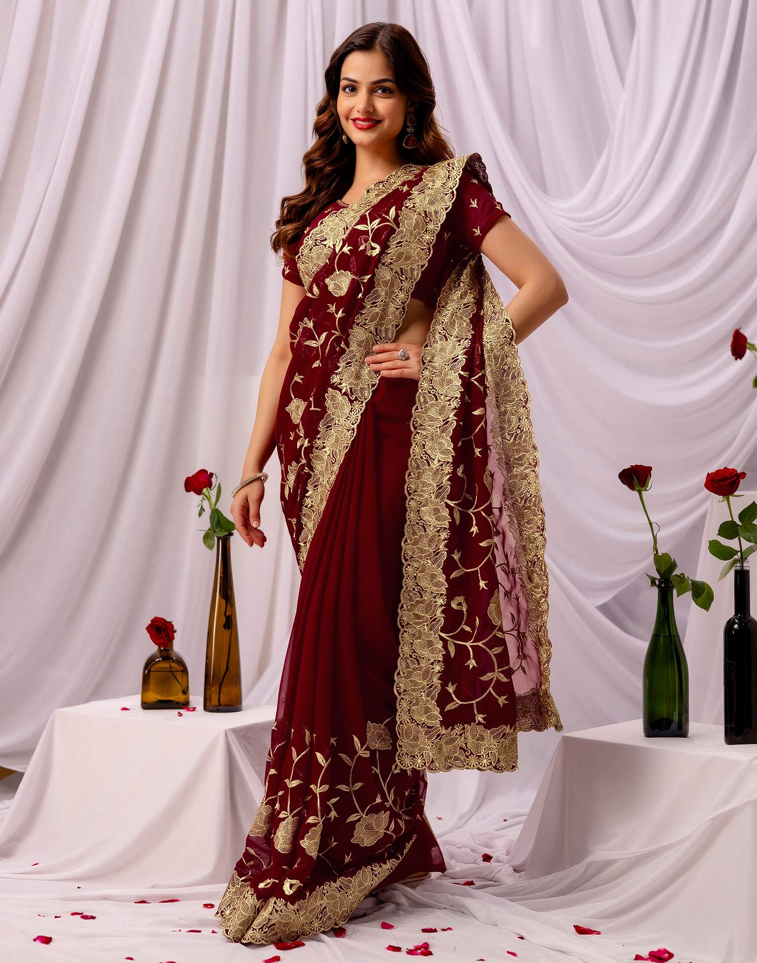 Maroon Georgette Sequence Embroidery Saree