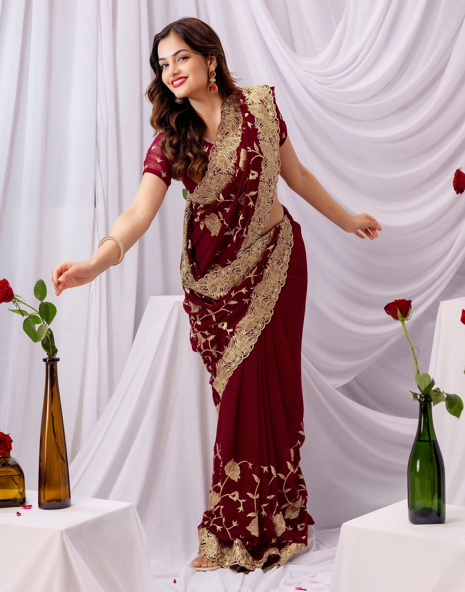 Maroon Georgette Sequence Embroidery Saree