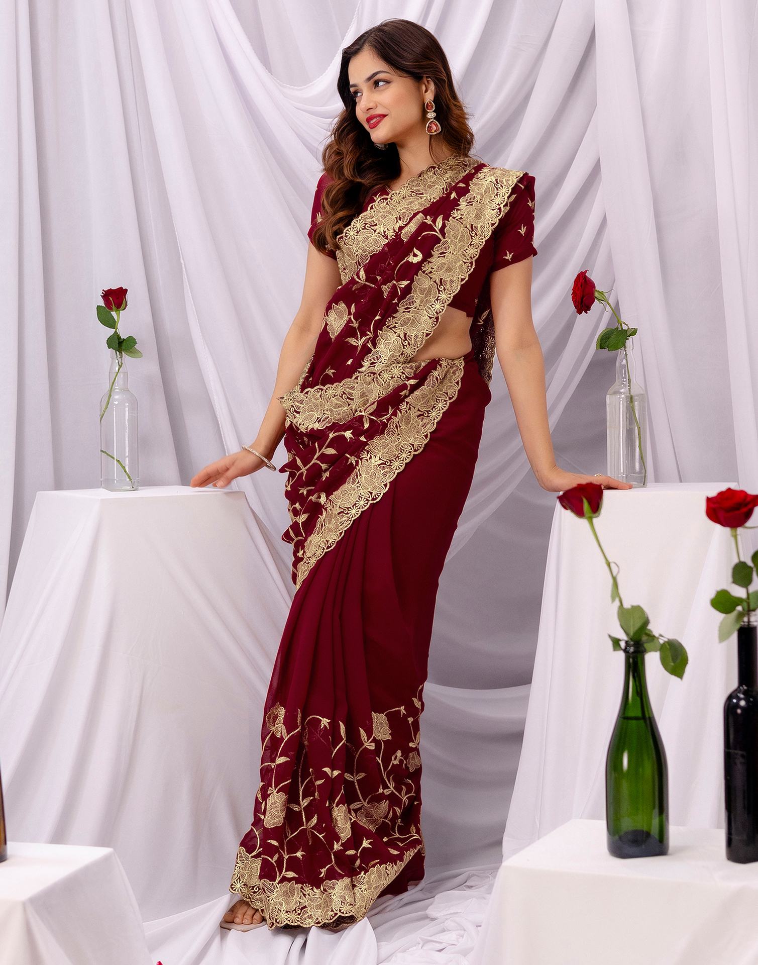 Maroon Georgette Sequence Embroidery Saree