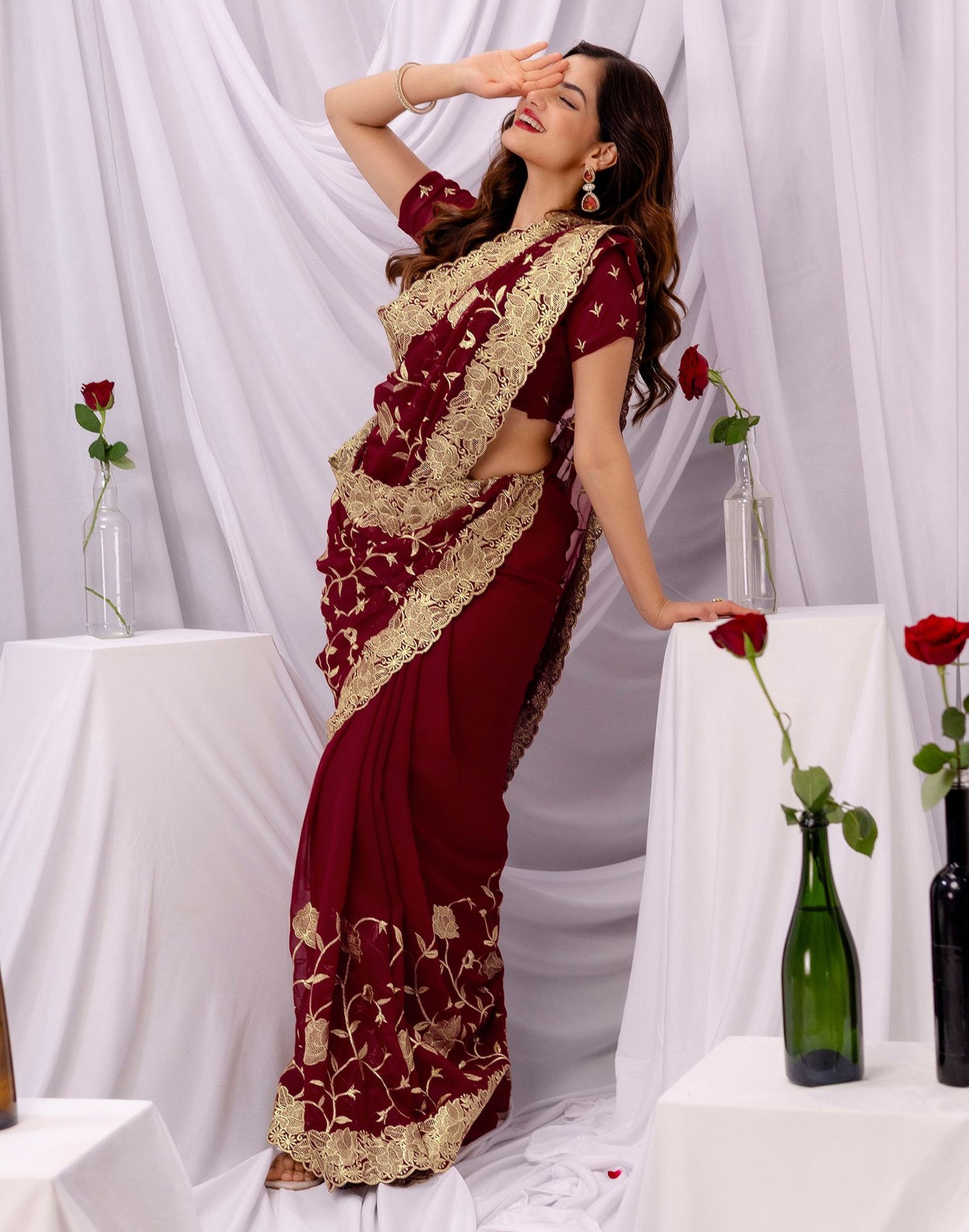 Maroon Georgette Sequence Embroidery Saree