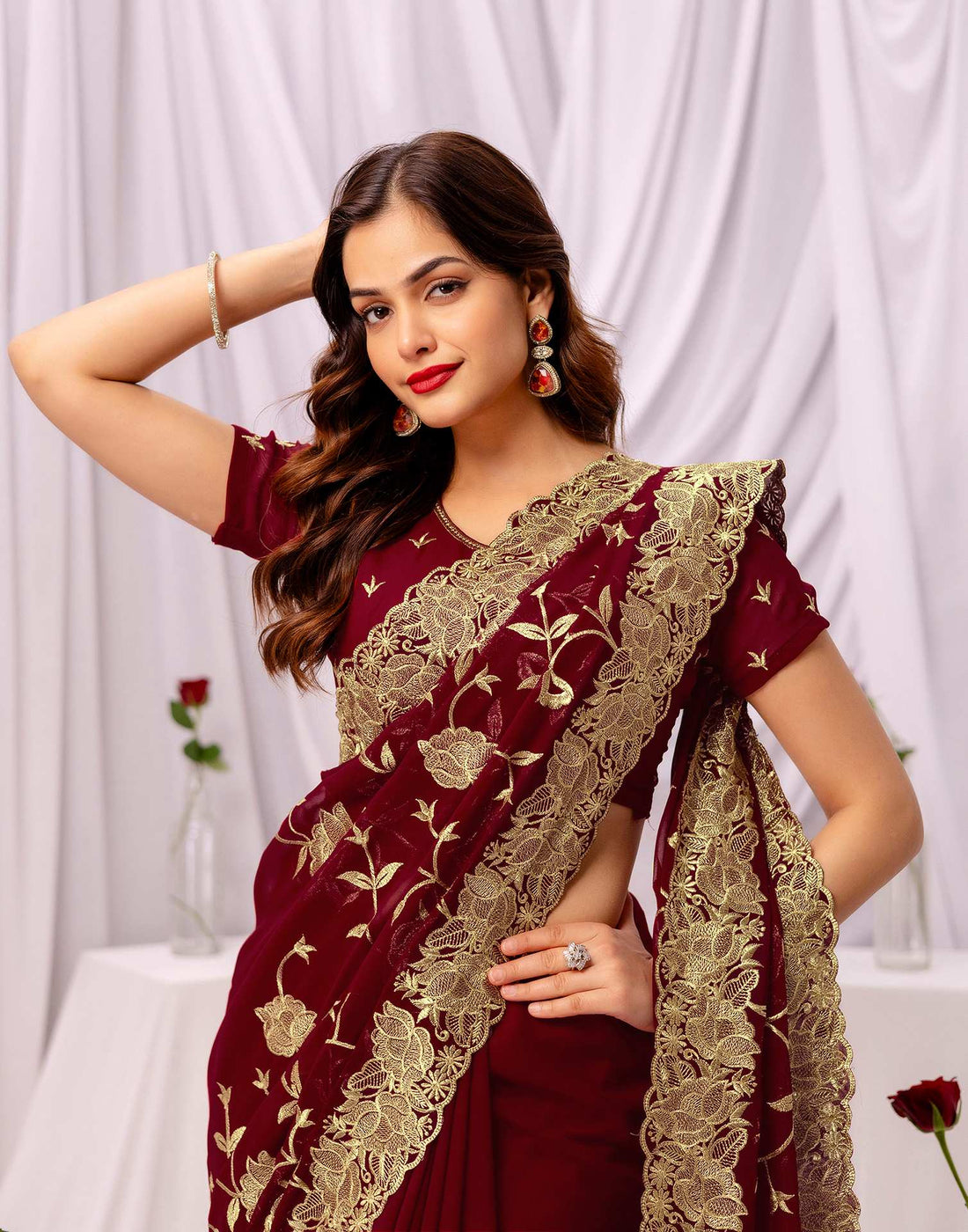 Maroon Georgette Sequence Embroidery Saree