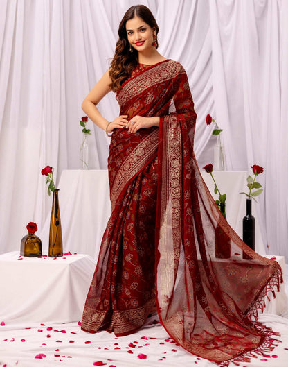 Maroon Chiffon Printed Foil Printed Saree
