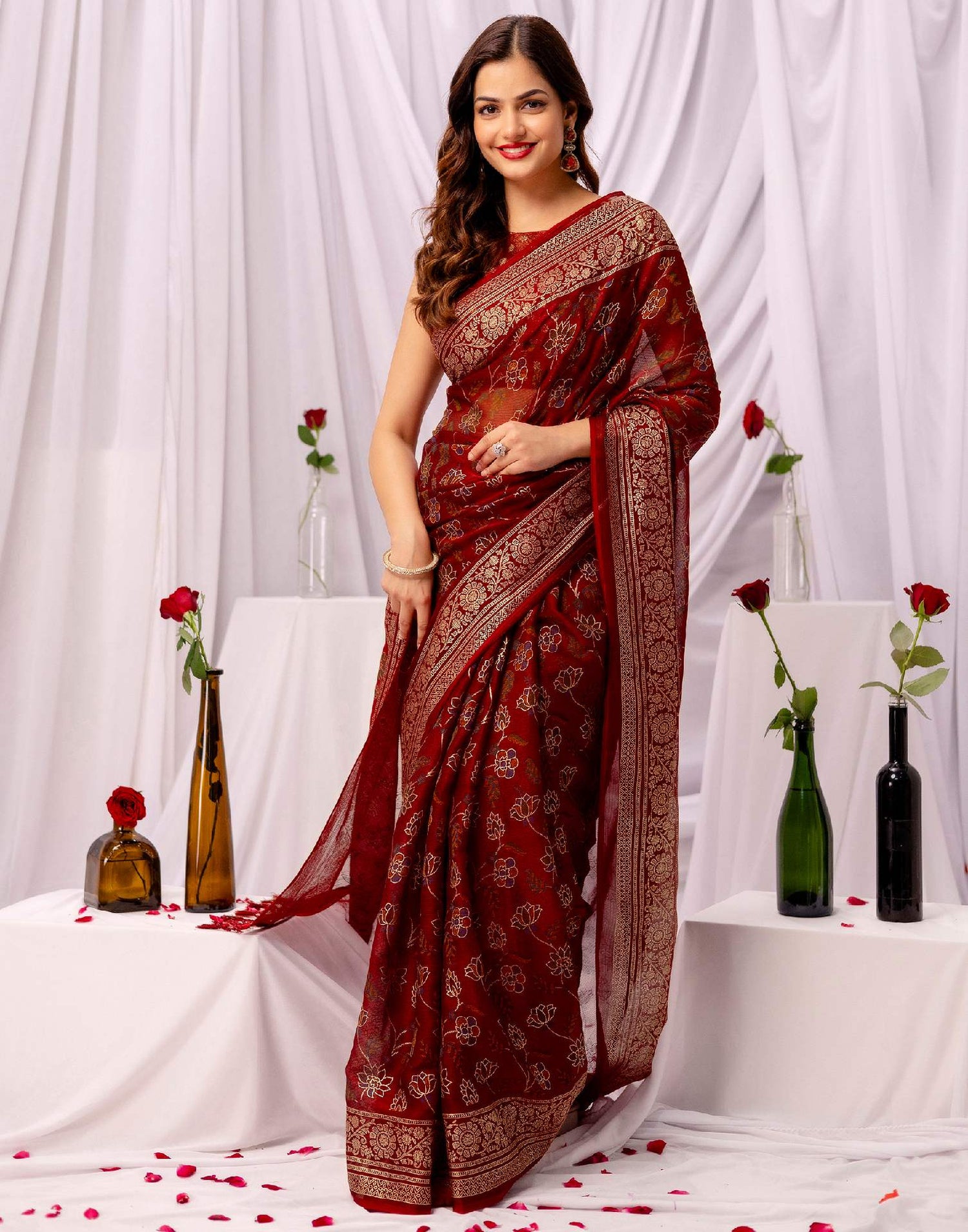 Maroon Chiffon Printed Foil Printed Saree