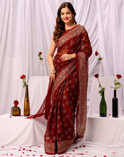 Maroon Chiffon Printed Foil Printed Saree