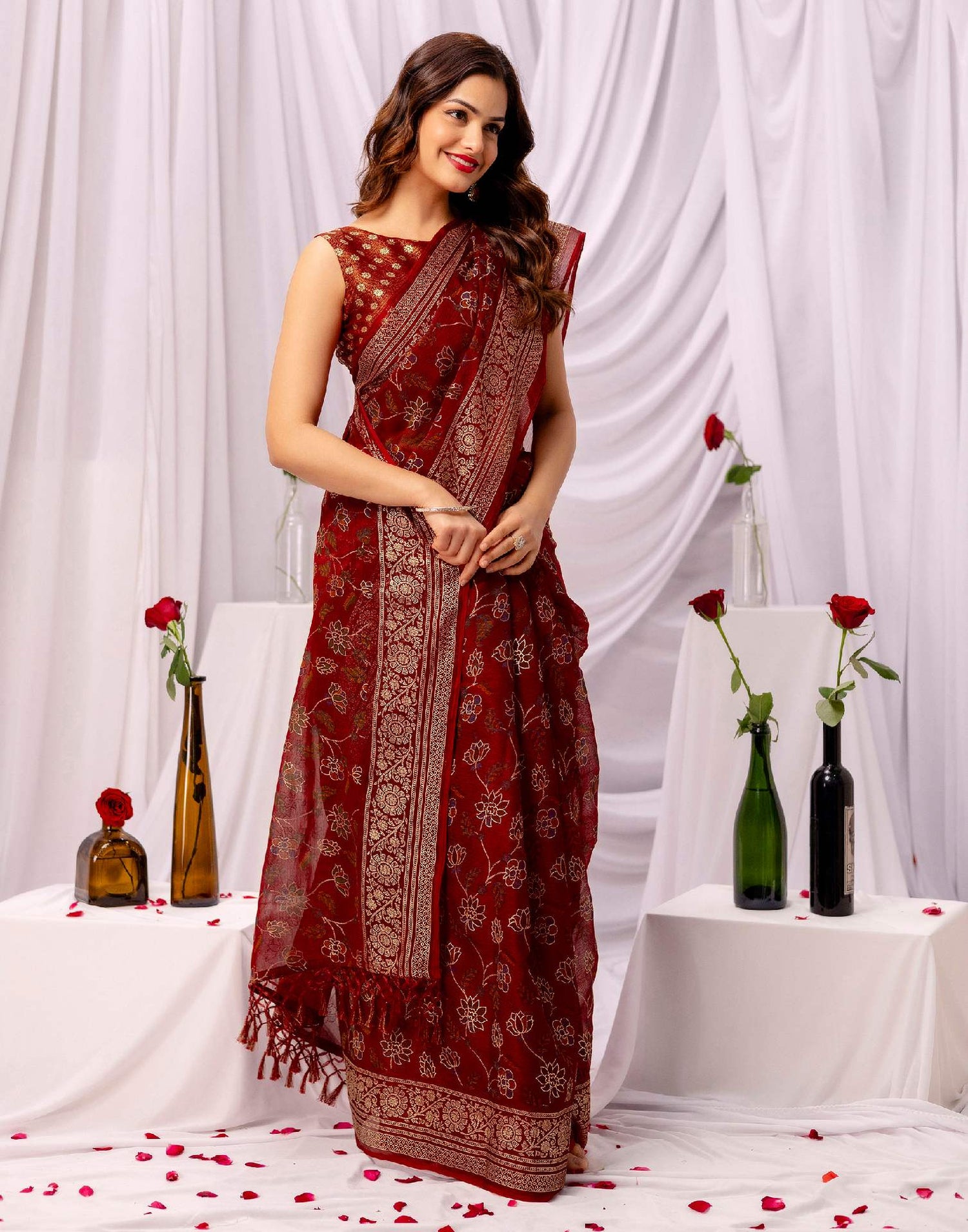 Maroon Chiffon Printed Foil Printed Saree