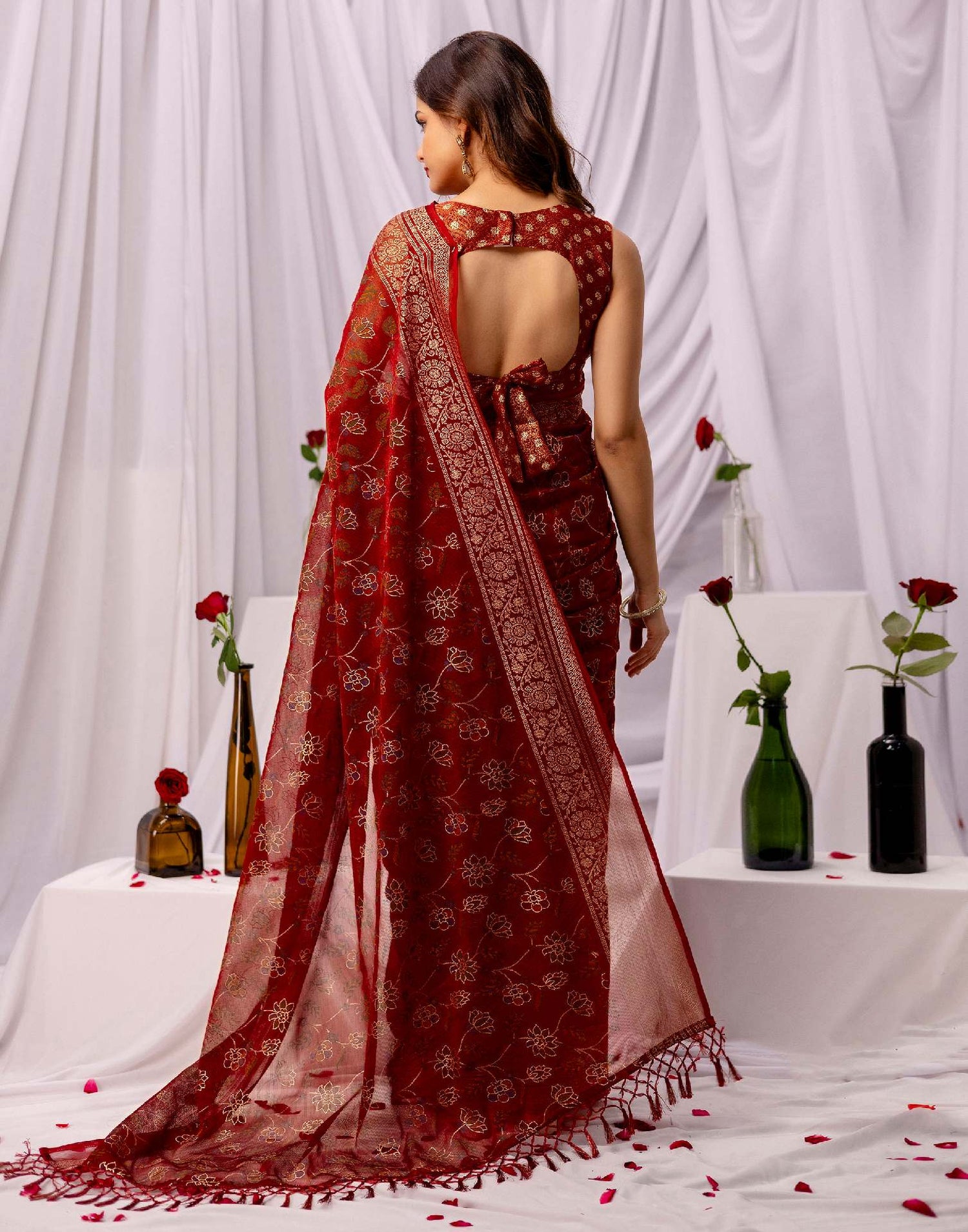 Maroon Chiffon Printed Foil Printed Saree